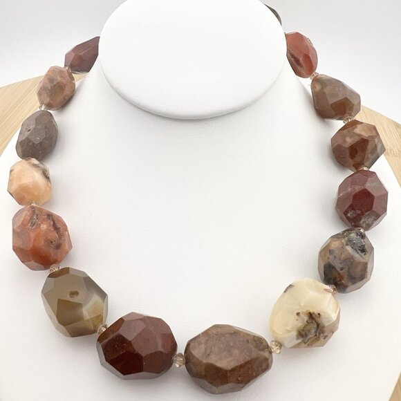 Agate Carnelian Stone Statement Collar Necklace Faceted Chunky Earth Tones - Picture 1 of 13